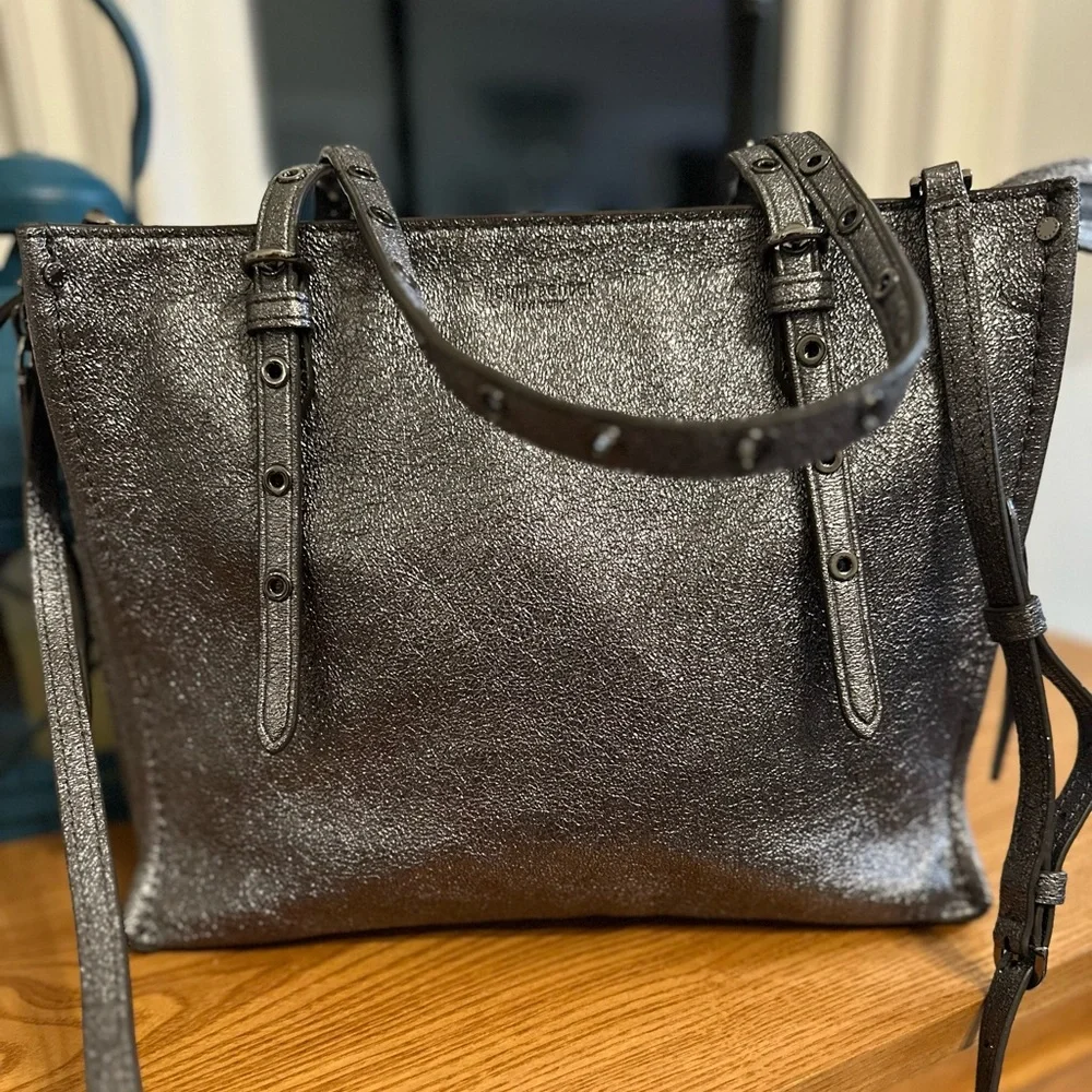 Henri Bendel Metallic Silver Satchel Tote Shoulder/ Crossbody Purse 12x9.5x4.5